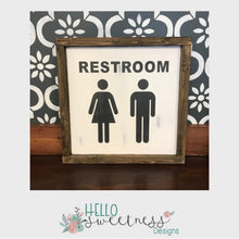 wooden restroom sign with people restroom symbols - Hello Sweetness Designs